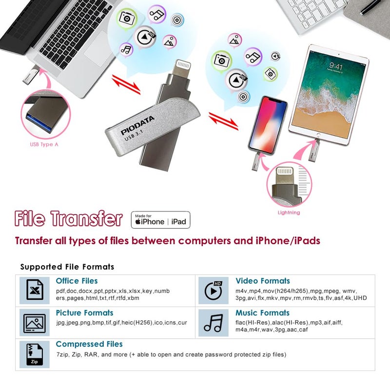 PioData iXflash 256GB iPhone iPad Flash Pen Drive USB 3.1 Apple MFi Certified Lightning Connector External Storage Memory Expansion for iOS Devices/Windows/Mac - Image 5